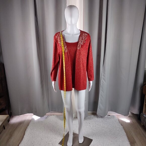 Ruby Rd Women's Red Sweater Gold Sparkle One Piece Pullover Cardigan Size Large - Picture 5 of 12